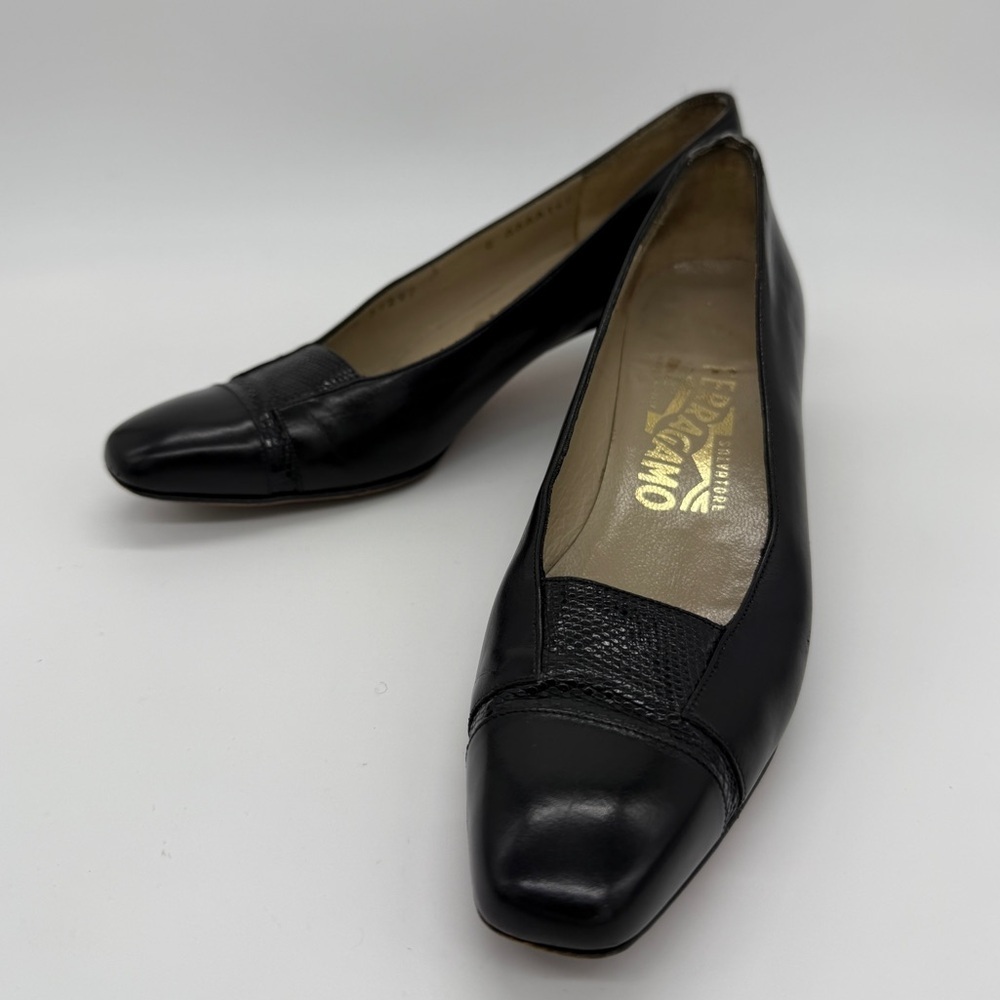 Salvatore Ferragamo Black Leather Low Heel Square Toe Pumps Designer Shoes Sz 6 - Picture 5 of 15
